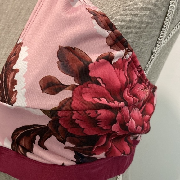 Halter Floral Burgundy Swim Bikini Top Large - Picture 3 of 12